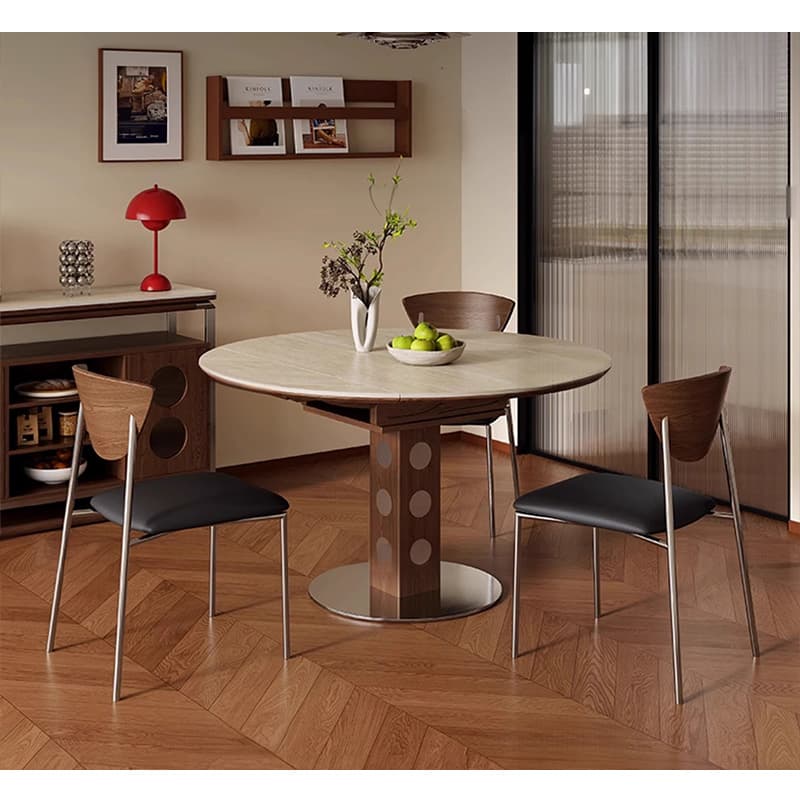 Casaconer | ダイニングテーブル・円形・伸縮式・セラミック天板・幅80-120cm・丸テーブル・食卓テーブル・ラウンド・モダンデザイン・北欧風・4人/6人掛け対応・高さ75cm・おしゃれ・大理石調・コンパクト収納可能