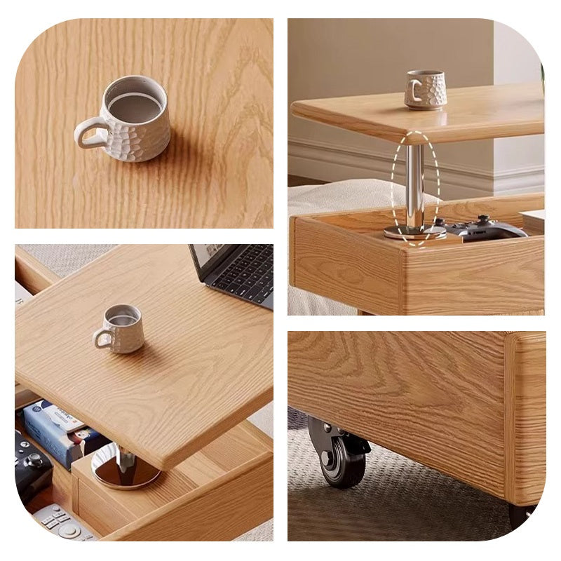 Casaconer | テーブル・ローテーブル・サイドテーブル・センターテーブル・昇降テーブル・多機能テーブル・ナチュラル/黒・高さ55~70cm・多機能デザイン・無垢材・収納ワゴン・キャスター付き・在宅ワーク・コンパクト家具