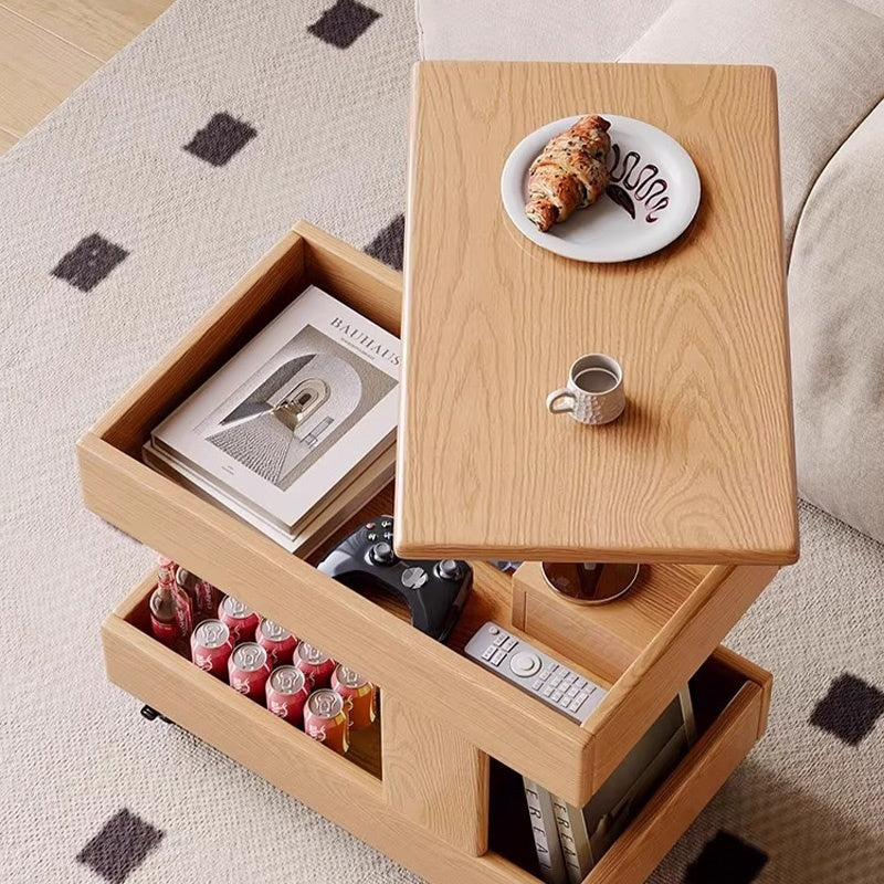 Casaconer | テーブル・ローテーブル・サイドテーブル・センターテーブル・昇降テーブル・多機能テーブル・ナチュラル/黒・高さ55~70cm・多機能デザイン・無垢材・収納ワゴン・キャスター付き・在宅ワーク・コンパクト家具