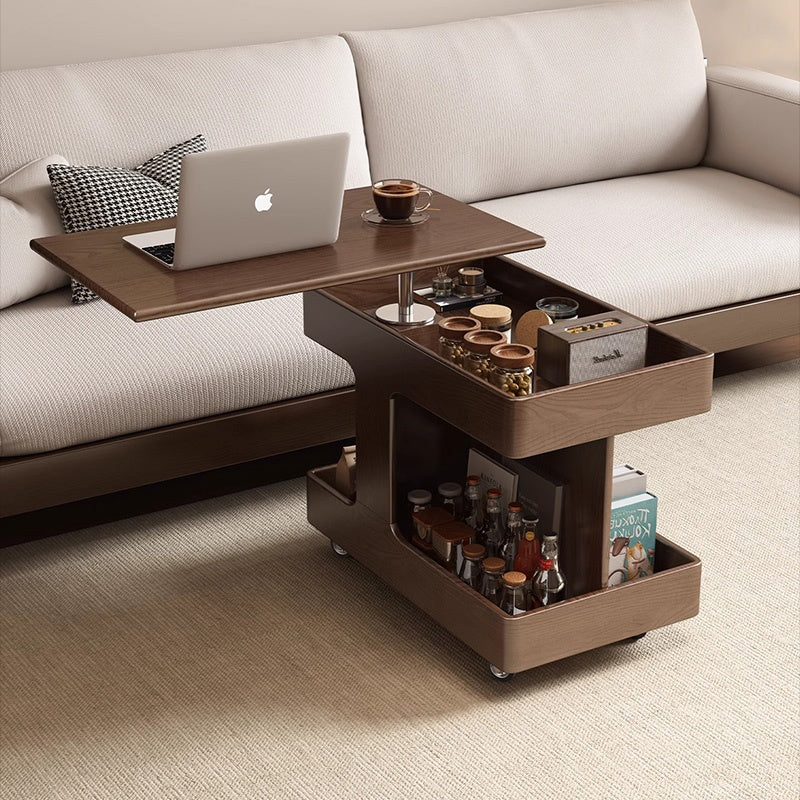 Casaconer | テーブル・ローテーブル・サイドテーブル・センターテーブル・昇降テーブル・多機能テーブル・ナチュラル/ウォルナットカラー/ブラック・高さ60~75cm・多機能デザイン・無垢材・収納ワゴン・キャスター付き・在宅ワーク・コンパクト家具