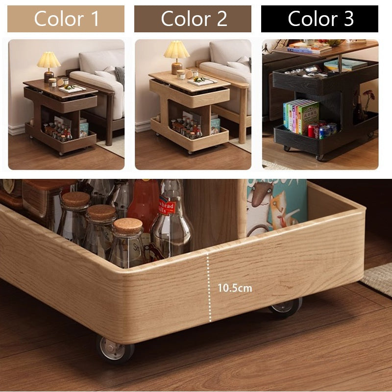 Casaconer | テーブル・ローテーブル・サイドテーブル・センターテーブル・昇降テーブル・多機能テーブル・ナチュラル/ウォルナットカラー/ブラック・高さ60~75cm・多機能デザイン・無垢材・収納ワゴン・キャスター付き・在宅ワーク・コンパクト家具