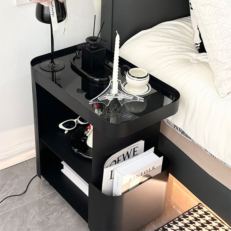 キャスター付き サイドテーブル ソファサイドワゴン 収納ラック ガラス天板 スリム 移動式 幅50cm/60cm/70cm リビング ソファ横 ベッドサイド 省スペース ブラック