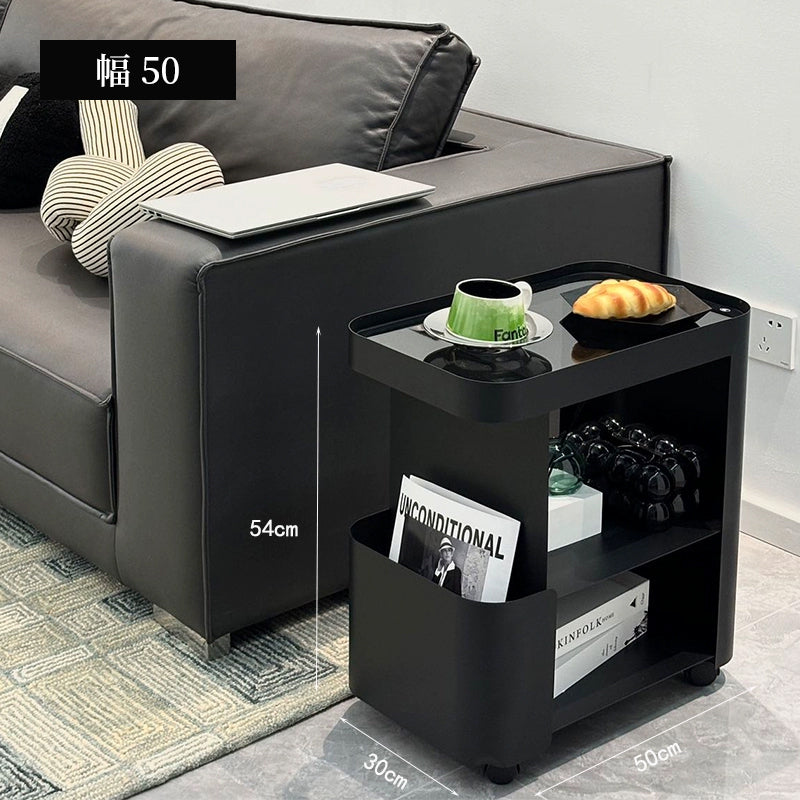 キャスター付き サイドテーブル ソファサイドワゴン 収納ラック ガラス天板 スリム 移動式 幅50cm/60cm/70cm リビング ソファ横 ベッドサイド 省スペース ブラック