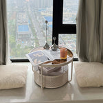 ローテーブル 丸型 ガラス天板 スチールフレーム 直径60cm 高さ30cm 収納付き サイドテーブル コンパクト 低め 窓際 寝室 バルコニー ブラック ホワイト