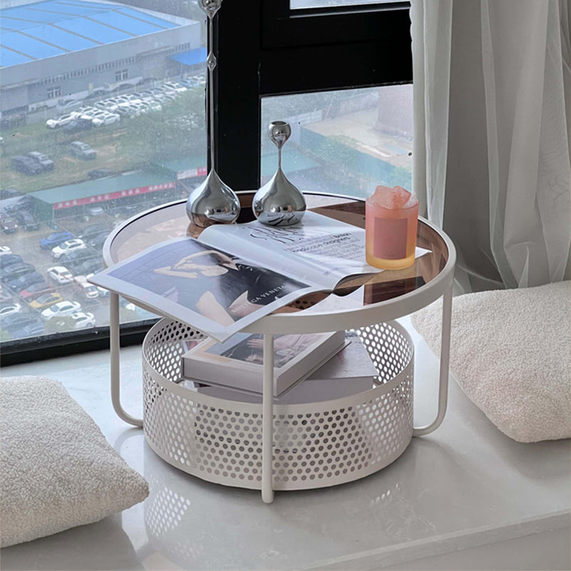 ローテーブル 丸型 ガラス天板 スチールフレーム 直径60cm 高さ30cm 収納付き サイドテーブル コンパクト 低め 窓際 寝室 バルコニー ブラック ホワイト