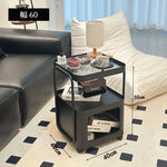 キャスター付き サイドテーブル ソファサイドワゴン 収納ラック ガラス天板 スチールフレーム 移動式 小型テーブル ベッドサイド 省スペース 幅40cm/55cm 多段収納 ブラック