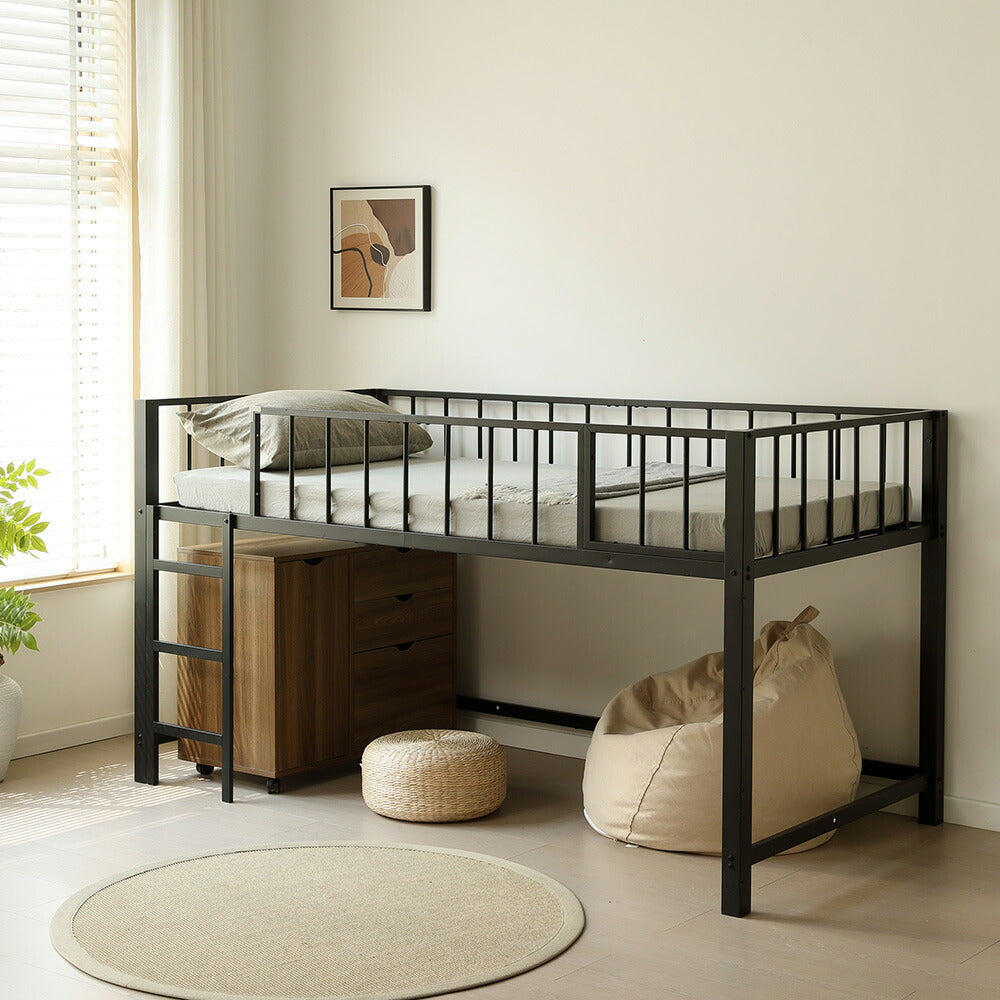 【ブラック/ホワイト】ロフトベッド パイプベッド シングル ハイタイプ 大人用 ブラック 黒 白 テーブル付き はしご付き 高さ110cm システムベッド スチール 北欧風 一人暮らし スチール 耐震 ベッド 子供部屋