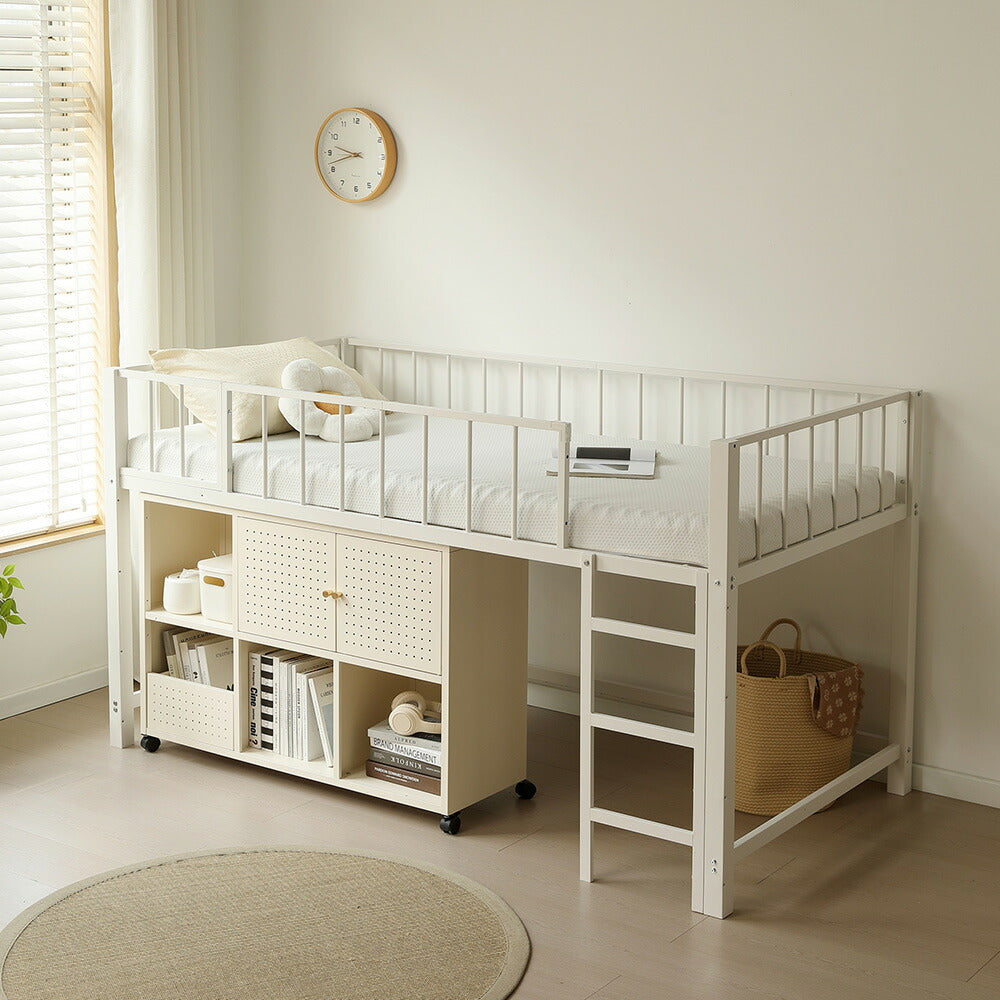 【ブラック/ホワイト】ロフトベッド パイプベッド シングル ハイタイプ 大人用 ブラック 黒 白 テーブル付き はしご付き 高さ110cm システムベッド スチール 北欧風 一人暮らし スチール 耐震 ベッド 子供部屋