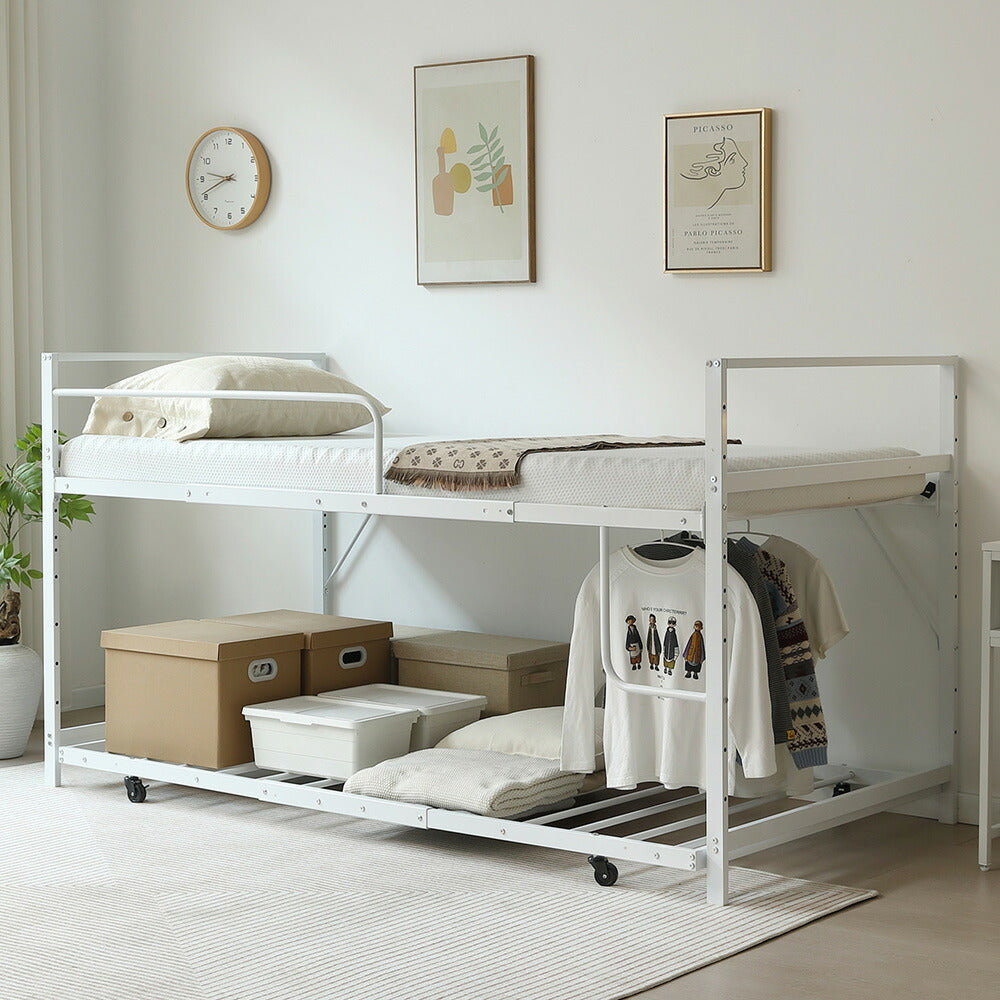 【ブラック/ホワイト】ロフトベッド パイプベッド 親子ベッド 2段ベッド シングル ハイタイプ 2色展開 白 黒 高さ110cm システムベッド スチール 収納 北欧風 一人暮らし スチール キャスター付き 耐震 ベッド おしゃれ