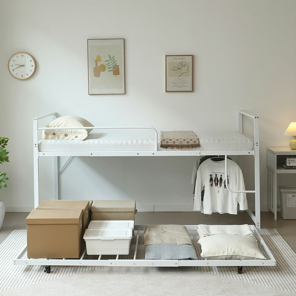 【ブラック/ホワイト】ロフトベッド パイプベッド 親子ベッド 2段ベッド シングル ハイタイプ 2色展開 白 黒 高さ110cm システムベッド スチール 収納 北欧風 一人暮らし スチール キャスター付き 耐震 ベッド おしゃれ
