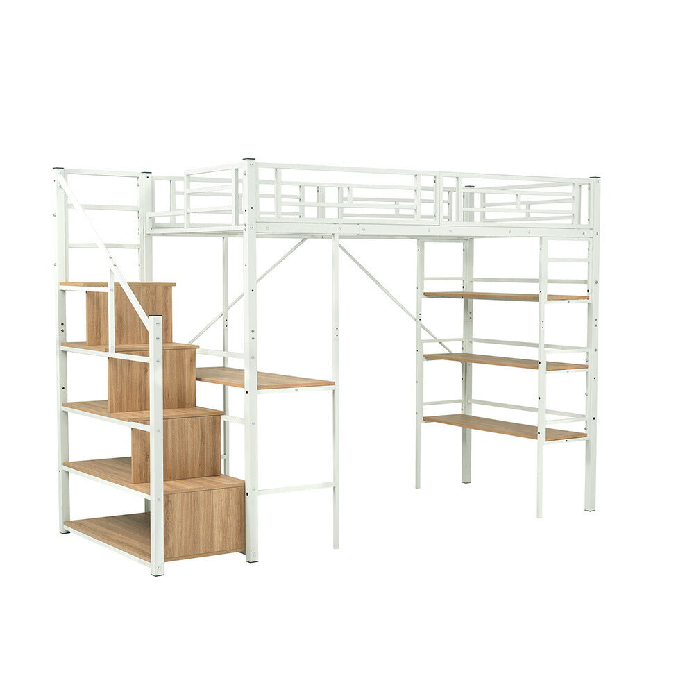 【ブラック/ホワイト】ロフトベッド パイプベッド シングル ハイタイプ 階段付き 大人用 2色展開 白 黒 高さ170cm システムベッド スチール 収納 北欧風 一人暮らし スチール 耐震 ベッド