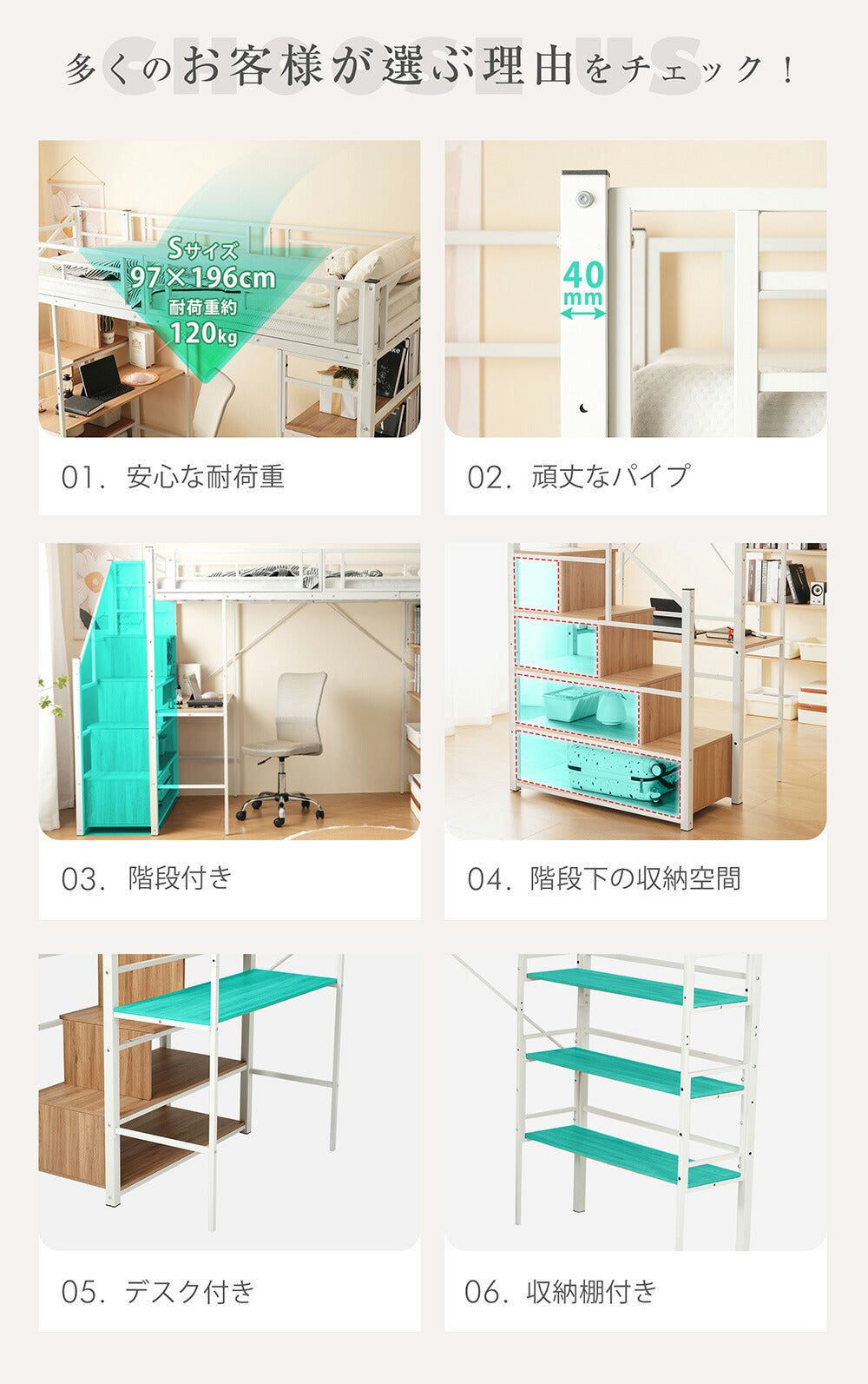 【ブラック/ホワイト】ロフトベッド パイプベッド シングル ハイタイプ 階段付き 大人用 2色展開 白 黒 高さ170cm システムベッド スチール 収納 北欧風 一人暮らし スチール 耐震 ベッド