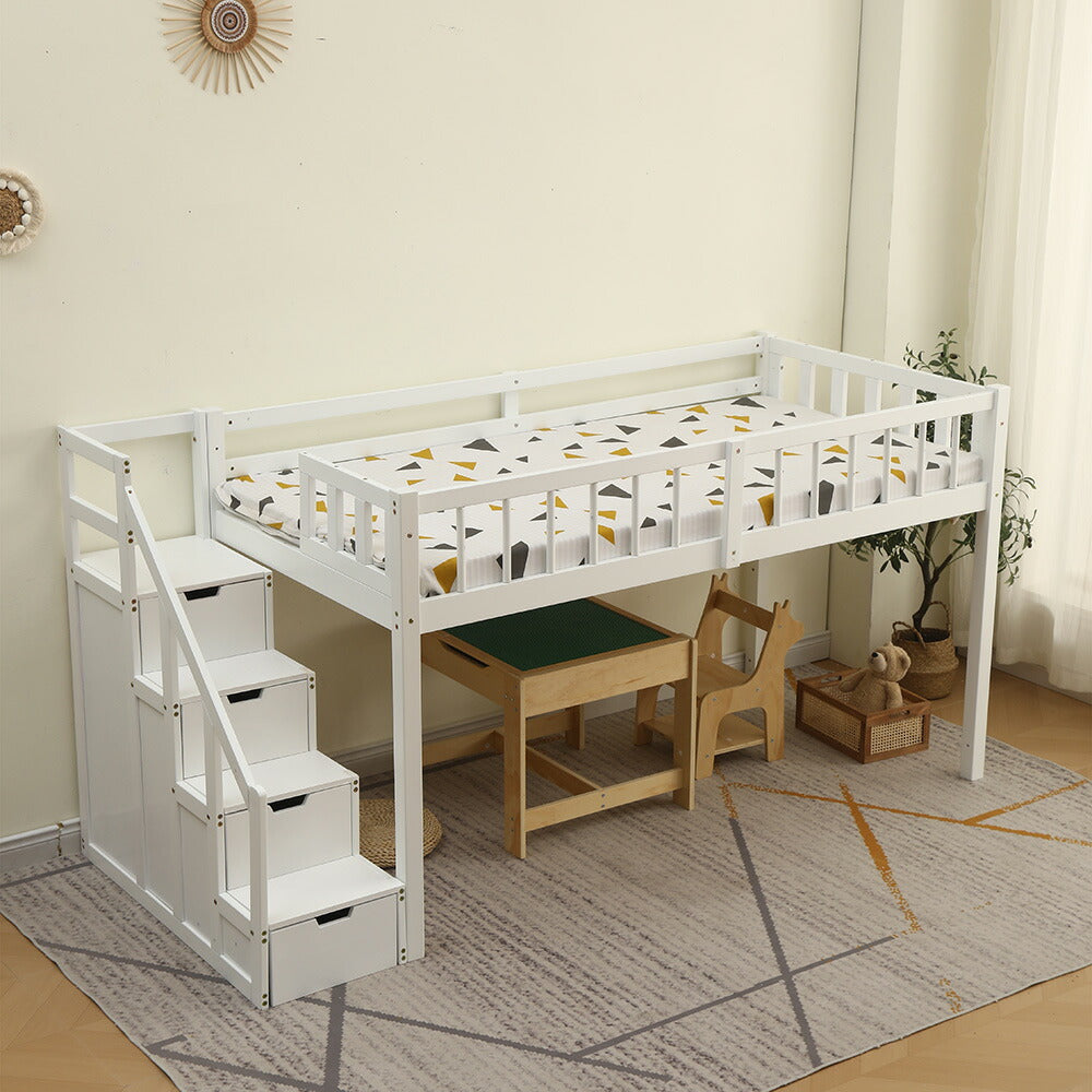 【ナチユラル/ホワイト】ロフトベッド パイプベッド シングル ハイタイプ 木製 階段付き 子供用 2色展開 高さ120cm システムベッド 収納 北欧風 一人暮らし 木材 耐震 ベッド 子供部屋 おしゃれ