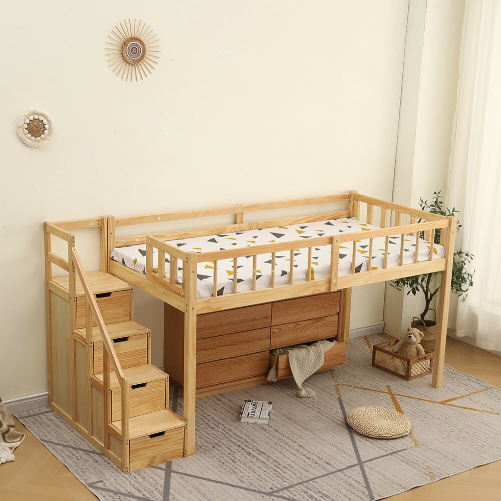 【ナチユラル/ホワイト】ロフトベッド パイプベッド シングル ハイタイプ 木製 階段付き 子供用 2色展開 高さ120cm システムベッド 収納 北欧風 一人暮らし 木材 耐震 ベッド 子供部屋 おしゃれ