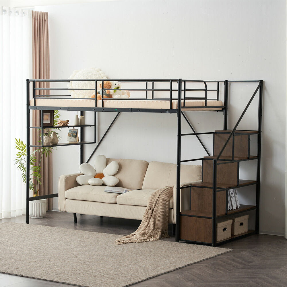 【ブラック/ホワイト】ロフトベッド パイプベッド シングル ハイタイプ 大人用 ブラック 黒 白 階段付き 片側手すり付き 高さ165cm システムベッド スチール 北欧風 一人暮らし スチール 耐震 ベッド 子供部屋