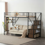 【ブラック/ホワイト】ロフトベッド パイプベッド シングル ハイタイプ 大人用 ブラック 黒 白 階段付き 片側手すり付き 高さ165cm システムベッド スチール 北欧風 一人暮らし スチール 耐震 ベッド 子供部屋