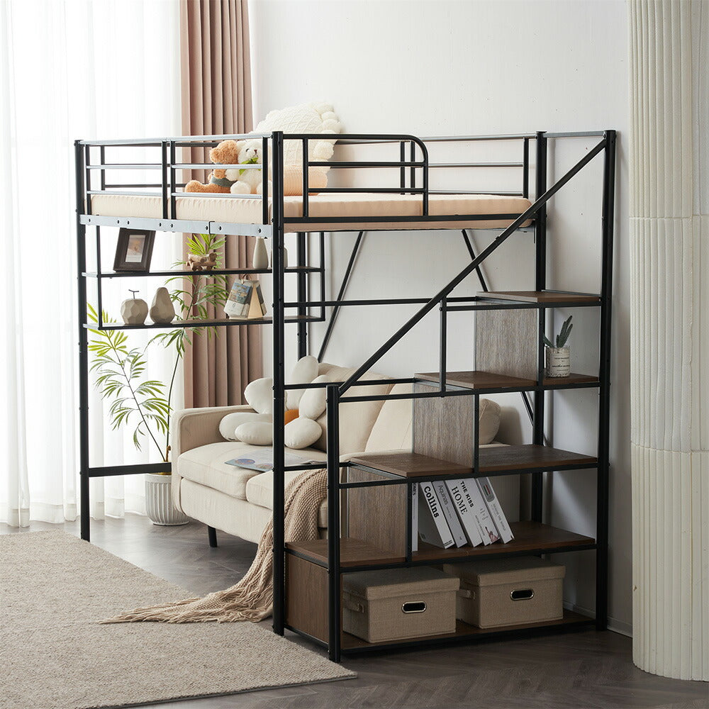 【ブラック/ホワイト】ロフトベッド パイプベッド シングル ハイタイプ 大人用 ブラック 黒 白 階段付き 片側手すり付き 高さ165cm システムベッド スチール 北欧風 一人暮らし スチール 耐震 ベッド 子供部屋