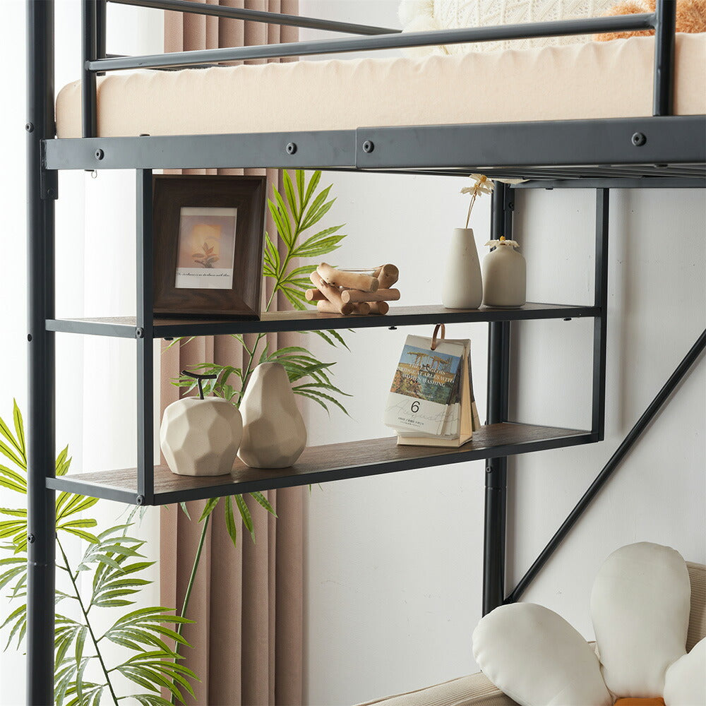 【ブラック/ホワイト】ロフトベッド パイプベッド シングル ハイタイプ 大人用 ブラック 黒 白 階段付き 片側手すり付き 高さ165cm システムベッド スチール 北欧風 一人暮らし スチール 耐震 ベッド 子供部屋