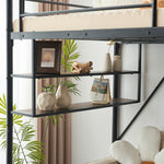 【ブラック/ホワイト】ロフトベッド パイプベッド シングル ハイタイプ 大人用 ブラック 黒 白 階段付き 片側手すり付き 高さ165cm システムベッド スチール 北欧風 一人暮らし スチール 耐震 ベッド 子供部屋