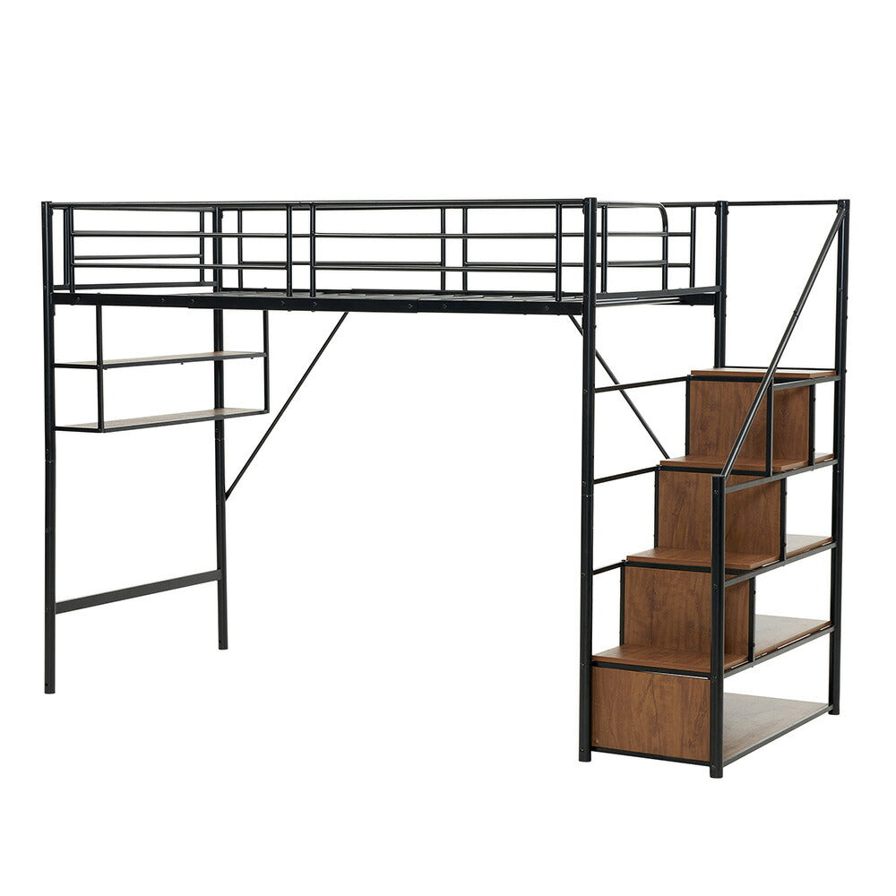 【ブラック/ホワイト】ロフトベッド パイプベッド シングル ハイタイプ 大人用 ブラック 黒 白 階段付き 片側手すり付き 高さ165cm システムベッド スチール 北欧風 一人暮らし スチール 耐震 ベッド 子供部屋