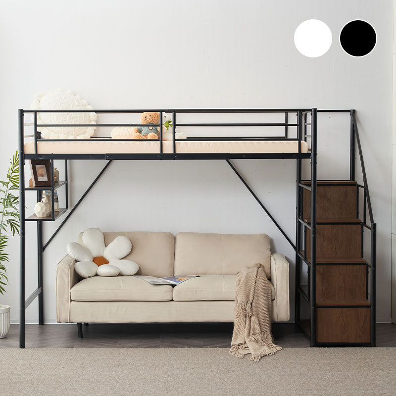 【ブラック/ホワイト】ロフトベッド パイプベッド シングル ハイタイプ 大人用 ブラック 黒 白 階段付き 片側手すり付き 高さ165cm システムベッド スチール 北欧風 一人暮らし スチール 耐震 ベッド 子供部屋