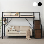 【ブラック/ホワイト】ロフトベッド パイプベッド シングル ハイタイプ 大人用 ブラック 黒 白 階段付き 片側手すり付き 高さ165cm システムベッド スチール 北欧風 一人暮らし スチール 耐震 ベッド 子供部屋