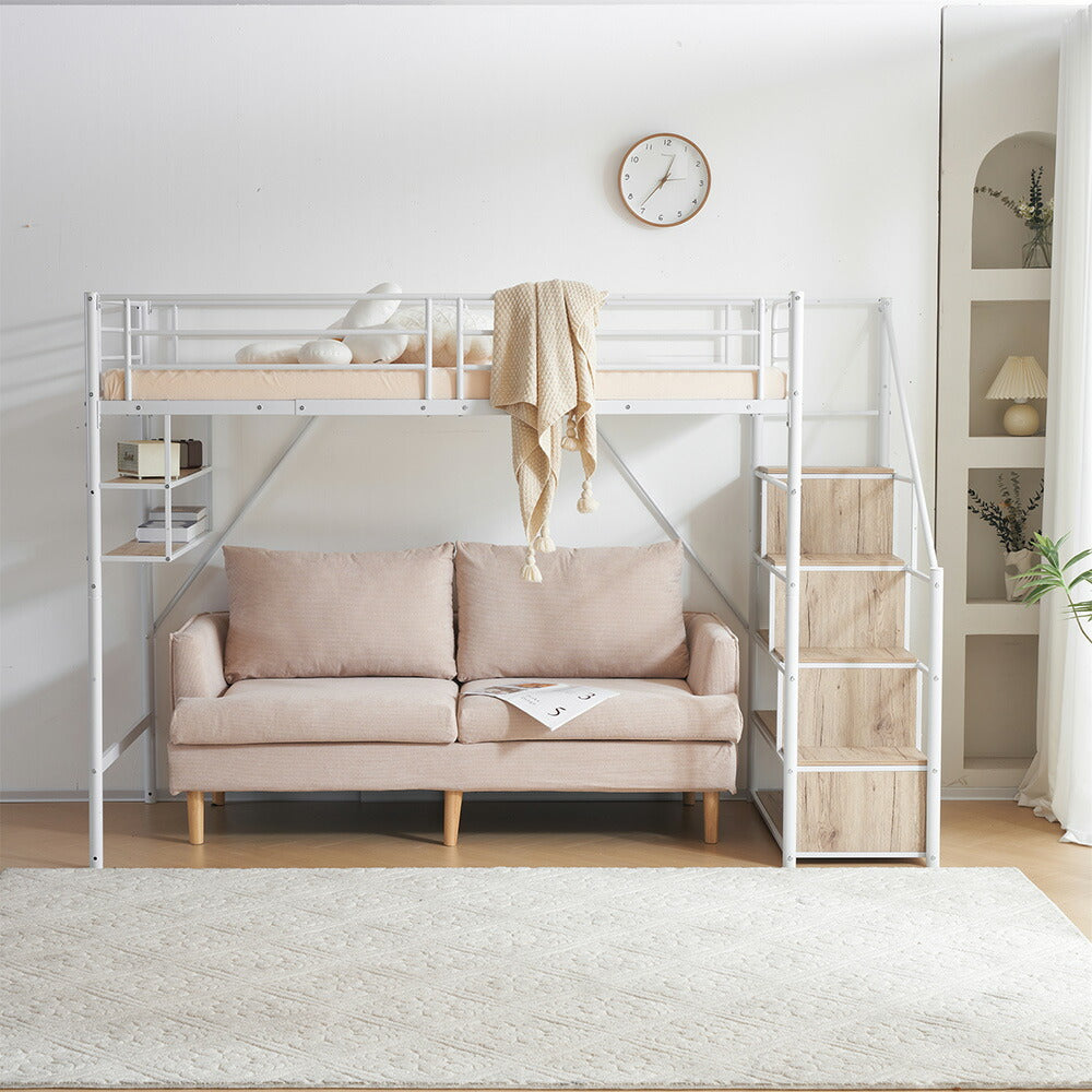 【ブラック/ホワイト】ロフトベッド パイプベッド シングル ハイタイプ 大人用 ブラック 黒 白 階段付き 片側手すり付き 高さ165cm システムベッド スチール 北欧風 一人暮らし スチール 耐震 ベッド 子供部屋