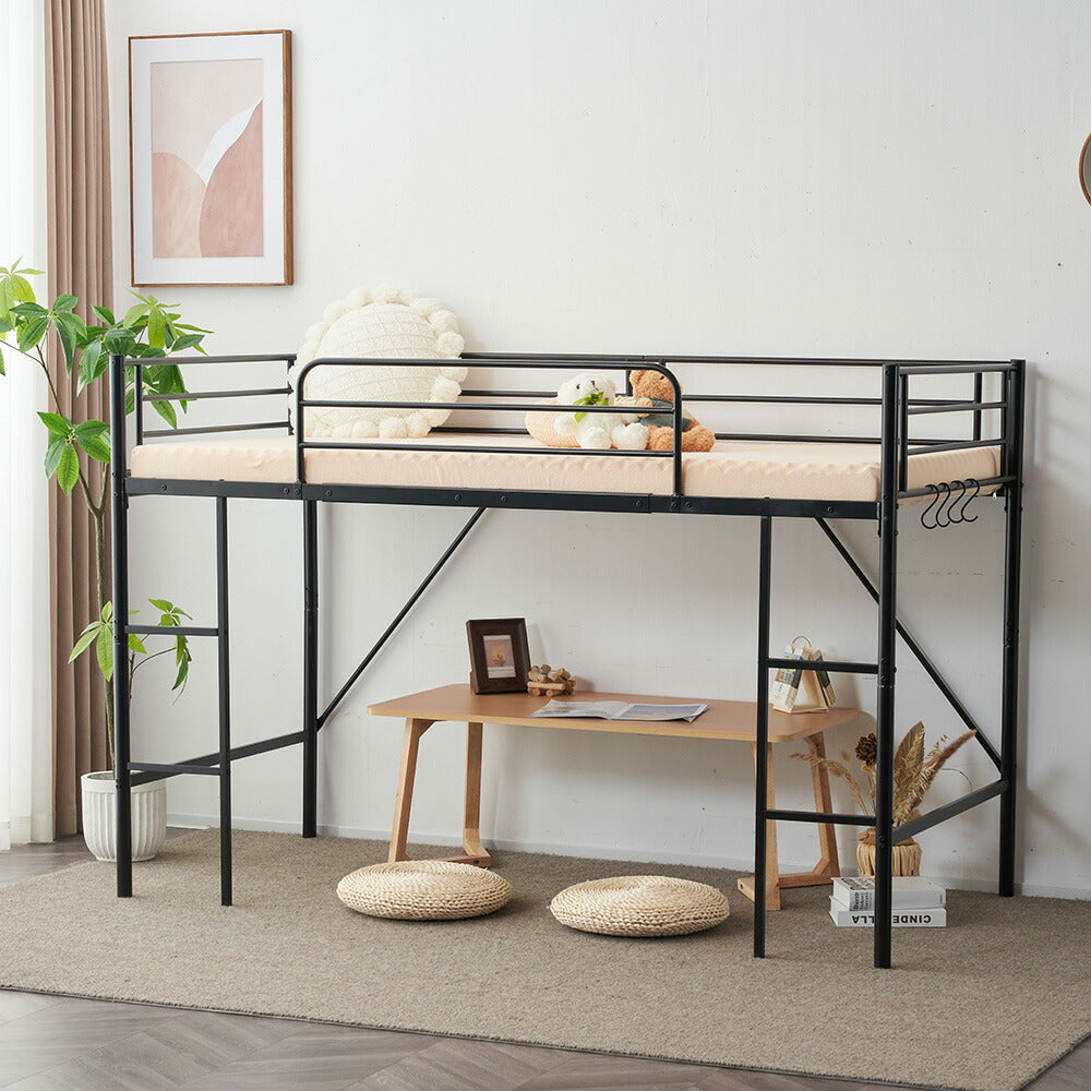 【ブラック/ホワイト】ロフトベッド パイプベッド シングル ハイタイプ 大人用 ブラック 黒 白 テーブル付き はしご付き 高さ136cm システムベッド スチール 北欧風 一人暮らし スチール 耐震 ベッド 子供部屋