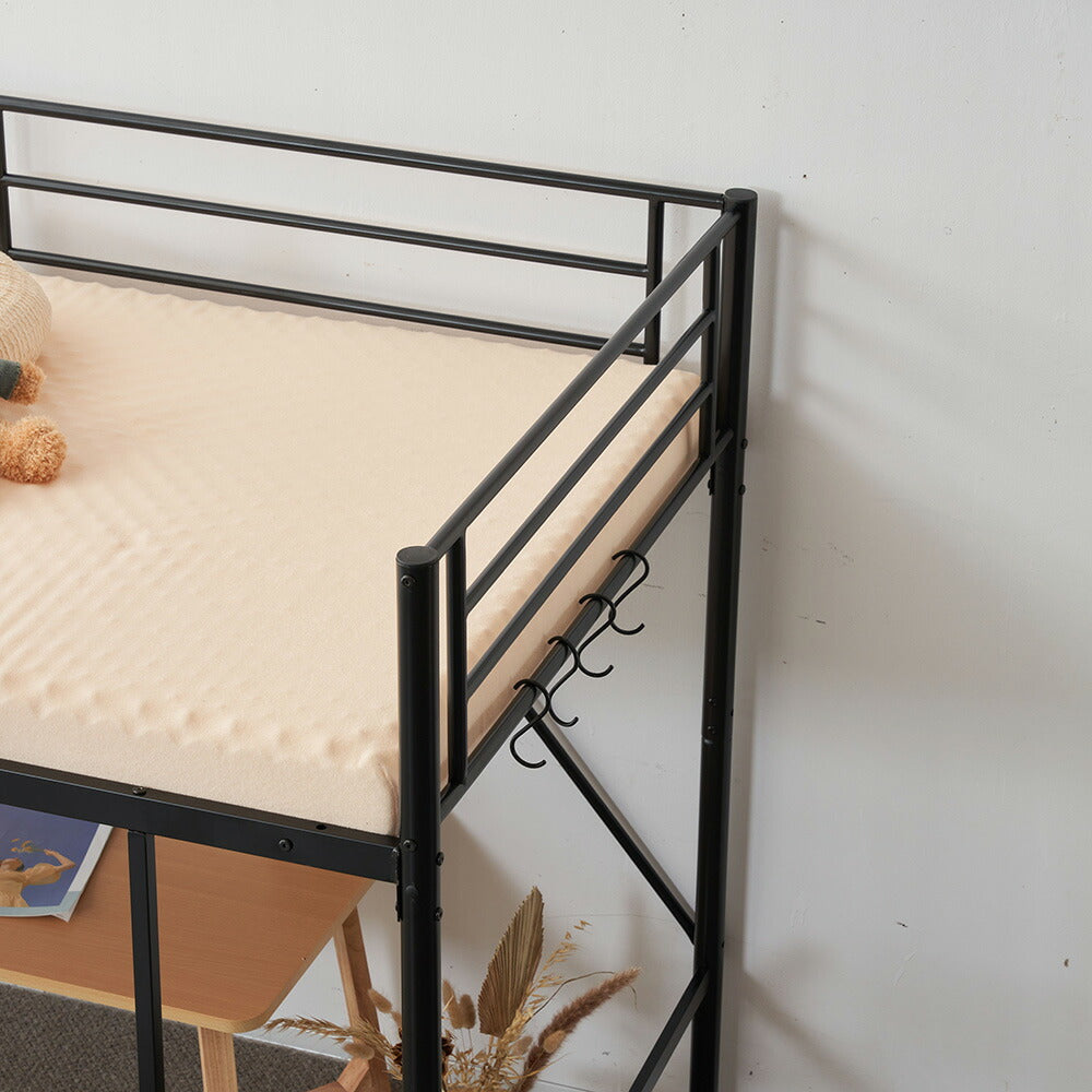 【ブラック/ホワイト】ロフトベッド パイプベッド シングル ハイタイプ 大人用 ブラック 黒 白 テーブル付き はしご付き 高さ136cm システムベッド スチール 北欧風 一人暮らし スチール 耐震 ベッド 子供部屋
