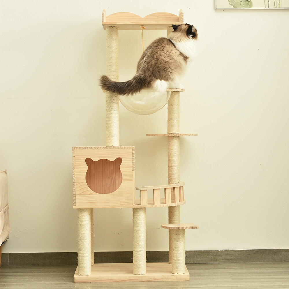 キャットタワー 木製 天然木 据え置き 宇宙船付き 猫タワー 展望台 隠れ家 季節問わず 階段 機能満載 爪とぎ 多頭飼い 安定感抜群 頑丈 省スペース 猫ハウス 上りやすい クリアボウル キャットポール 据え置き型 7日内出荷