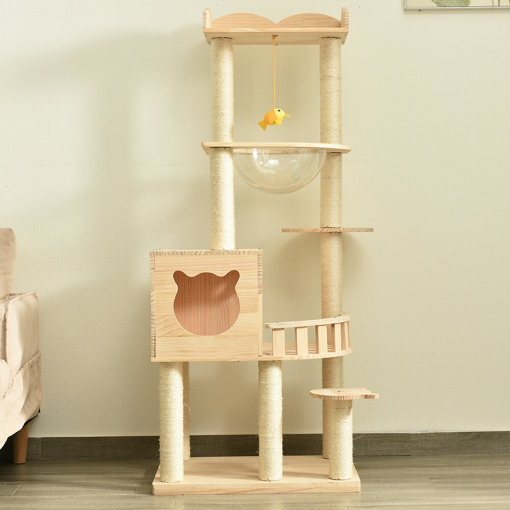 キャットタワー 木製 天然木 据え置き 宇宙船付き 猫タワー 展望台 隠れ家 季節問わず 階段 機能満載 爪とぎ 多頭飼い 安定感抜群 頑丈 省スペース 猫ハウス 上りやすい クリアボウル キャットポール 据え置き型 7日内出荷