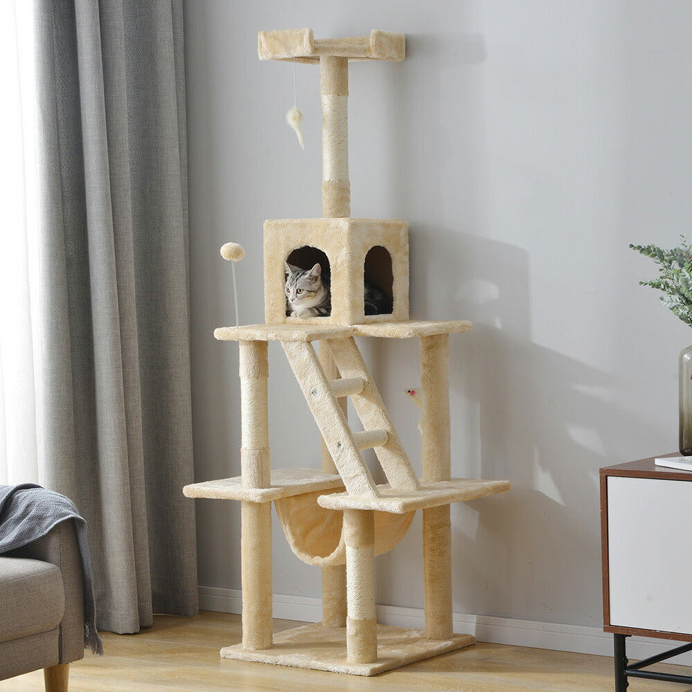 キャットタワー キャットツリー 据え置き 麻紐 全高155cm 機能満載 爪とぎ 多頭飼い 安定感抜群 頑丈 省スペース 猫ハウス 上りやすい クリアボウル キャットポール 据え置き型 7日内出荷