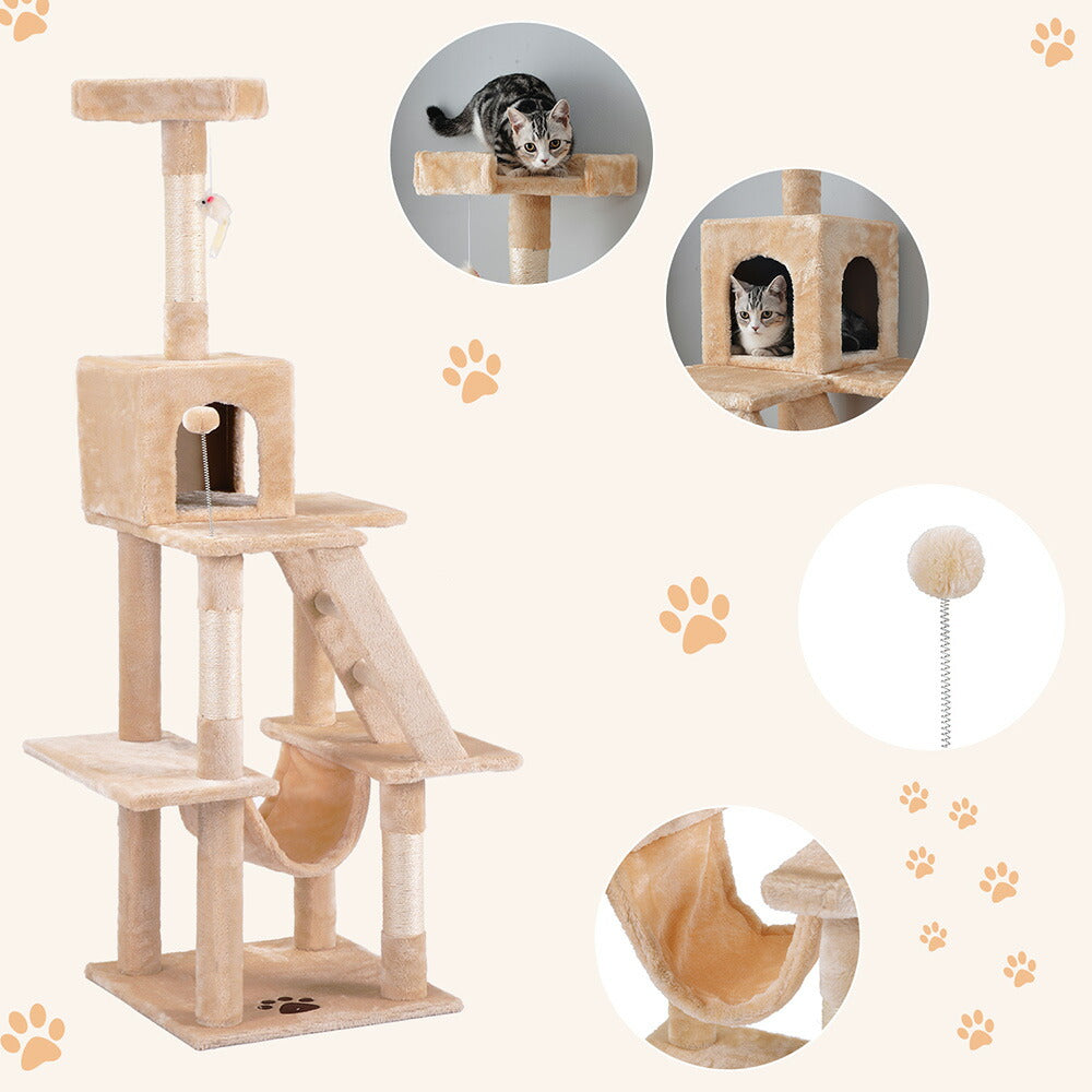 キャットタワー キャットツリー 据え置き 麻紐 全高155cm 機能満載 爪とぎ 多頭飼い 安定感抜群 頑丈 省スペース 猫ハウス 上りやすい クリアボウル キャットポール 据え置き型 7日内出荷