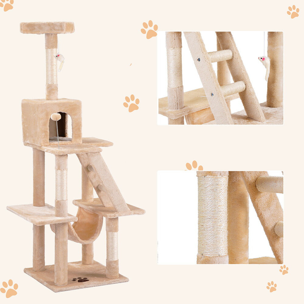 キャットタワー キャットツリー 据え置き 麻紐 全高155cm 機能満載 爪とぎ 多頭飼い 安定感抜群 頑丈 省スペース 猫ハウス 上りやすい クリアボウル キャットポール 据え置き型 7日内出荷