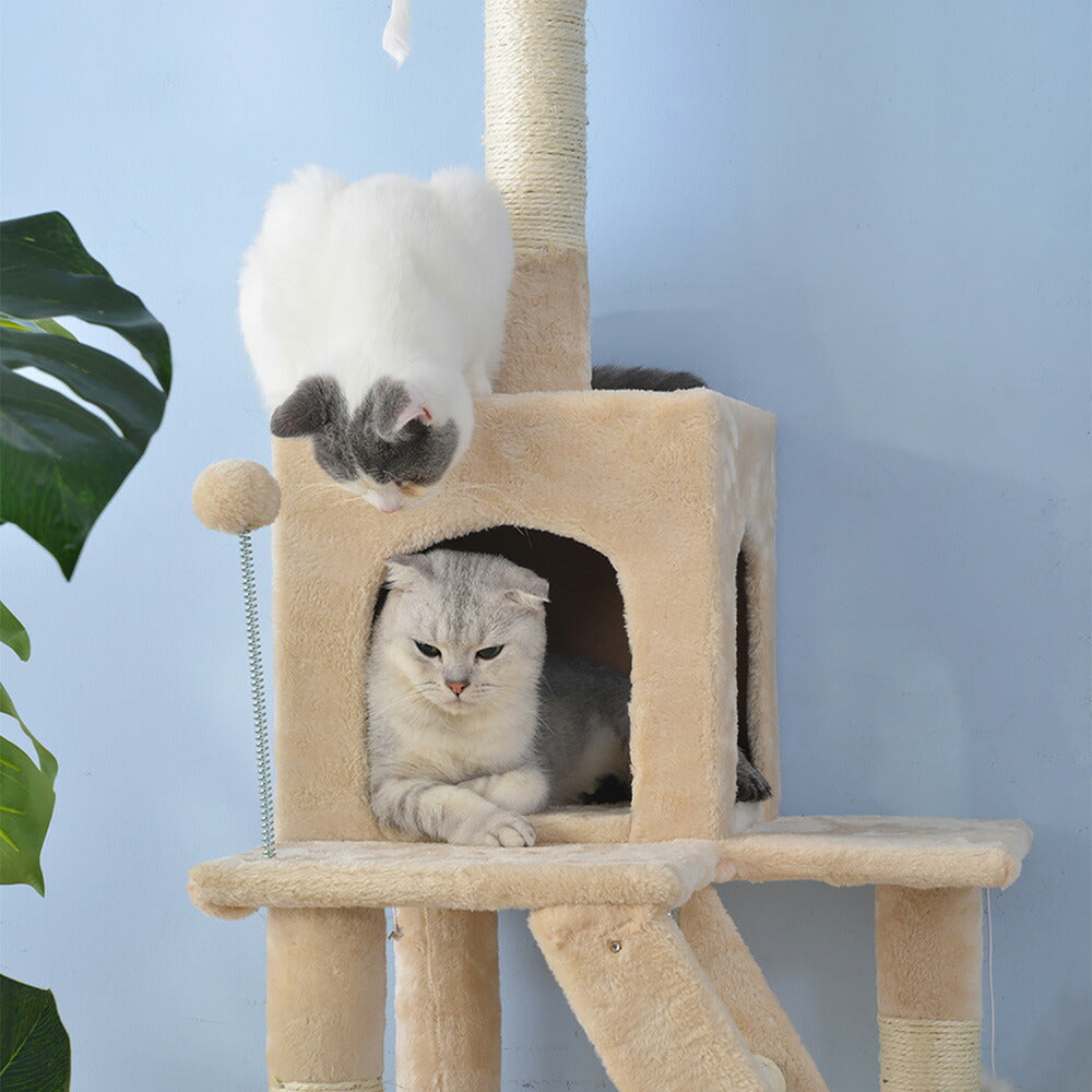 キャットタワー キャットツリー 据え置き 麻紐 全高155cm 機能満載 爪とぎ 多頭飼い 安定感抜群 頑丈 省スペース 猫ハウス 上りやすい クリアボウル キャットポール 据え置き型 7日内出荷