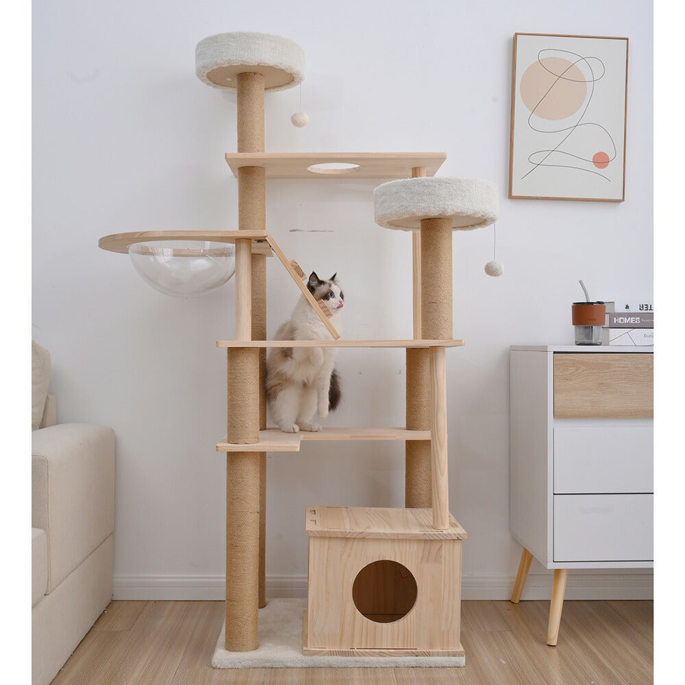 キャットタワー 猫タワー 天然木製 宇宙船付き 麻紐支柱 爪とぎ おもちゃ付き 安定感抜群 ペットハウス 上りやすい クリアボウル 省スペース 多頭飼い 角丸 据え置き型 ペット用品 おしゃれ 馴染 7日内出荷