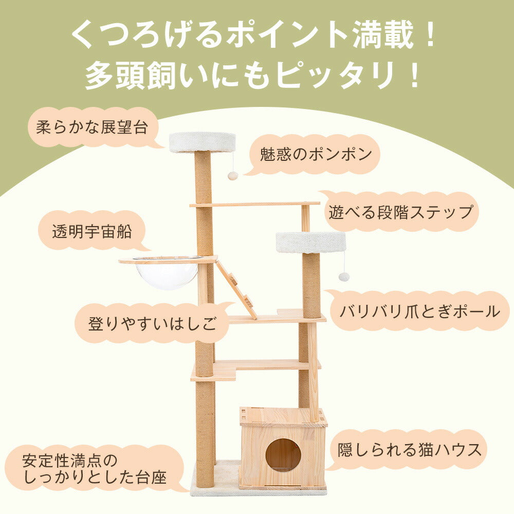 キャットタワー 猫タワー 天然木製 宇宙船付き 麻紐支柱 爪とぎ おもちゃ付き 安定感抜群 ペットハウス 上りやすい クリアボウル 省スペース 多頭飼い 角丸 据え置き型 ペット用品 おしゃれ 馴染 7日内出荷
