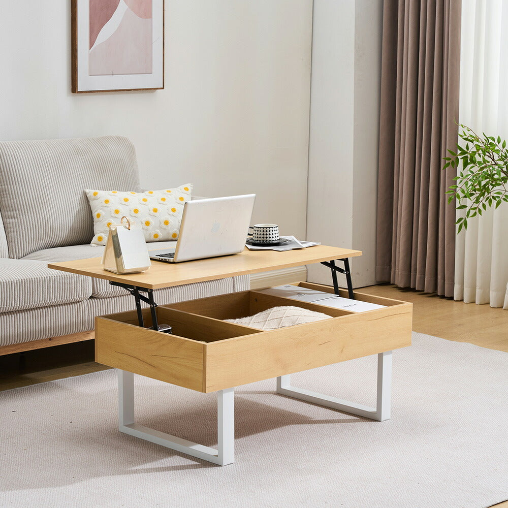 【ホワイト/ナチュラル】センターテーブル ローテーブル 折り畳み式天板 昇降式 高さ調節 昇降式テーブル おしゃれ 折りたたみ ローテーブル 一人暮らし 収納 大容量 木製 昇降 リビング リフトテーブル 幅100cm 天然木 スチール脚 リフティング 大きい 大きめ