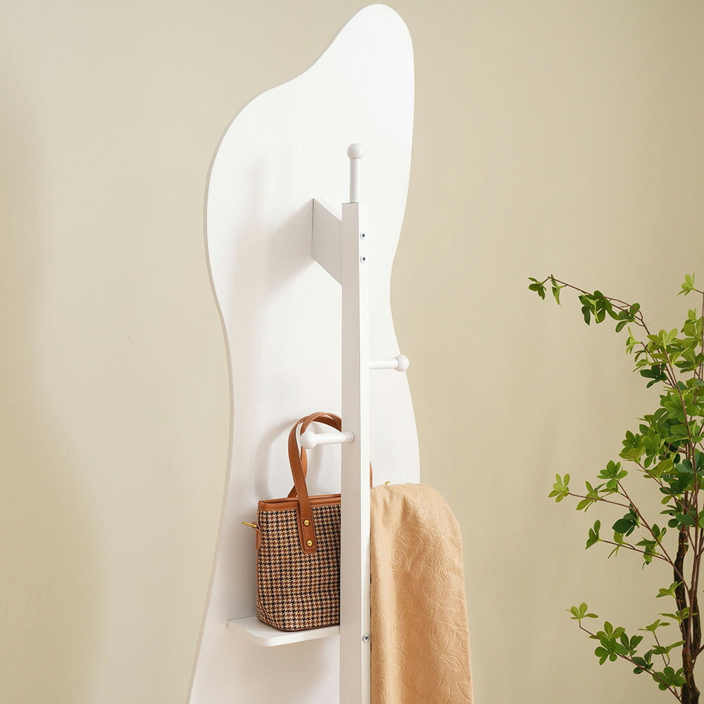 全身鏡 姿見鏡 ハンガーラック イレギュラ ハンガーフック付き鏡 ハンガー回転 キャスター付き 収納付き 衣類収納 隙間収納 リビング 玄関 飛散防止加工 ホワイト167*37CM 移動式 インテリア 韓国 インスタ映え ナチュラル 北欧風 シンプル 7日内出荷