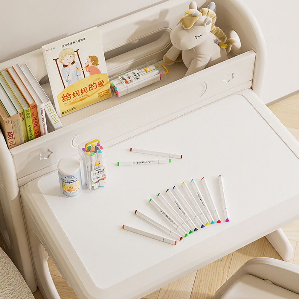 折りたたみキッズデスク チェア セット キッズテーブル ミニテーブル 子供用 勉強机 学習デスク テーブル 子供用テーブル 子供机 学習デスク 机 幼児机 お絵描きデスク 棚付き ホワイト 白 70cm こども 組み立て簡単 多機能 省スペース プレゼント