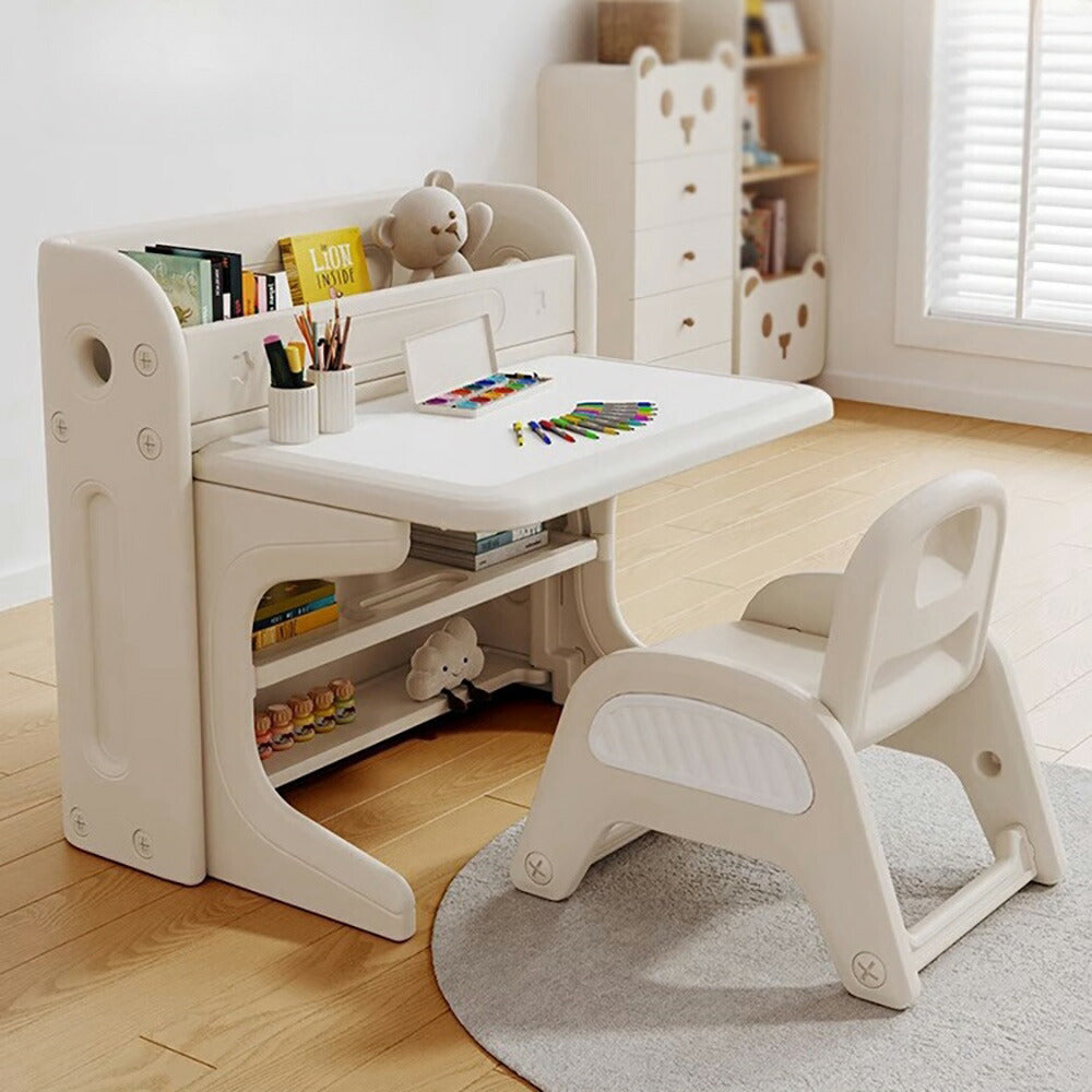 折りたたみキッズデスク チェア セット キッズテーブル ミニテーブル 子供用 勉強机 学習デスク テーブル 子供用テーブル 子供机 学習デスク 机 幼児机 お絵描きデスク 棚付き ホワイト 白 70cm こども 組み立て簡単 多機能 省スペース プレゼント