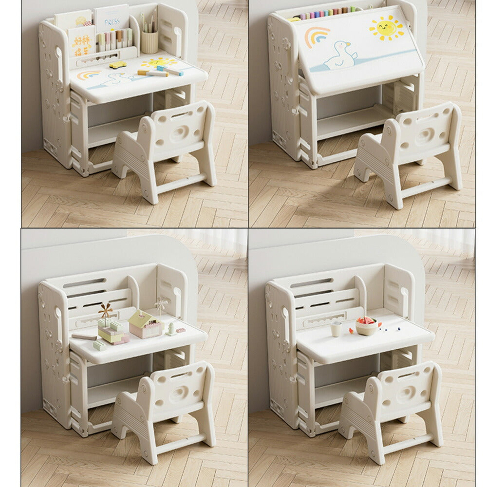 折りたたみキッズデスク チェア セット キッズテーブル ミニテーブル 絵本棚付き 子供用 勉強机 学習デスク テーブル 子供用テーブル 子供机 学習デスク 机 幼児机 お絵描きデスク 棚付き ホワイト 白 こども 組み立て簡単 多機能 省スペース プレゼント