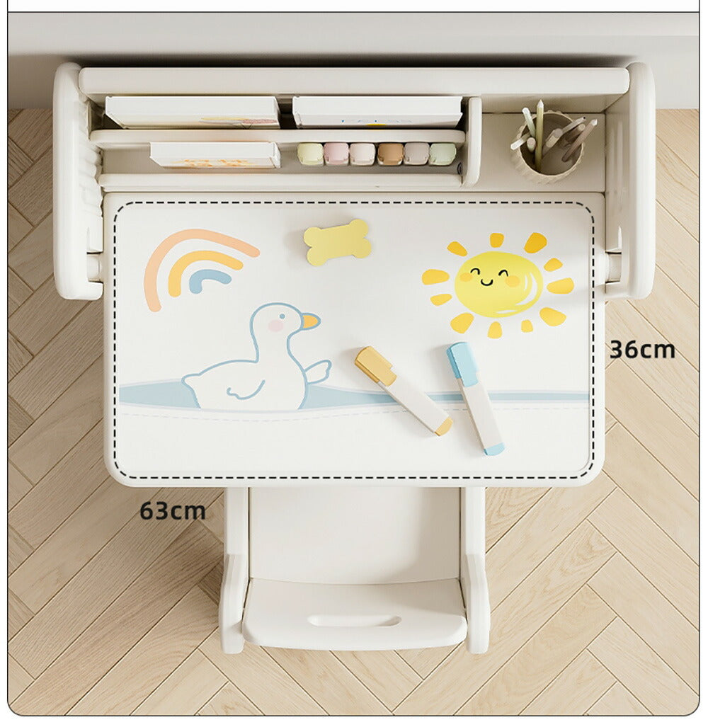 折りたたみキッズデスク チェア セット キッズテーブル ミニテーブル 絵本棚付き 子供用 勉強机 学習デスク テーブル 子供用テーブル 子供机 学習デスク 机 幼児机 お絵描きデスク 棚付き ホワイト 白 こども 組み立て簡単 多機能 省スペース プレゼント
