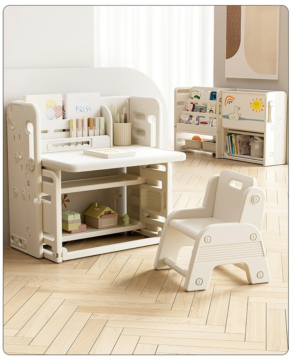 折りたたみキッズデスク チェア セット キッズテーブル ミニテーブル 絵本棚付き 子供用 勉強机 学習デスク テーブル 子供用テーブル 子供机 学習デスク 机 幼児机 お絵描きデスク 棚付き ホワイト 白 こども 組み立て簡単 多機能 省スペース プレゼント
