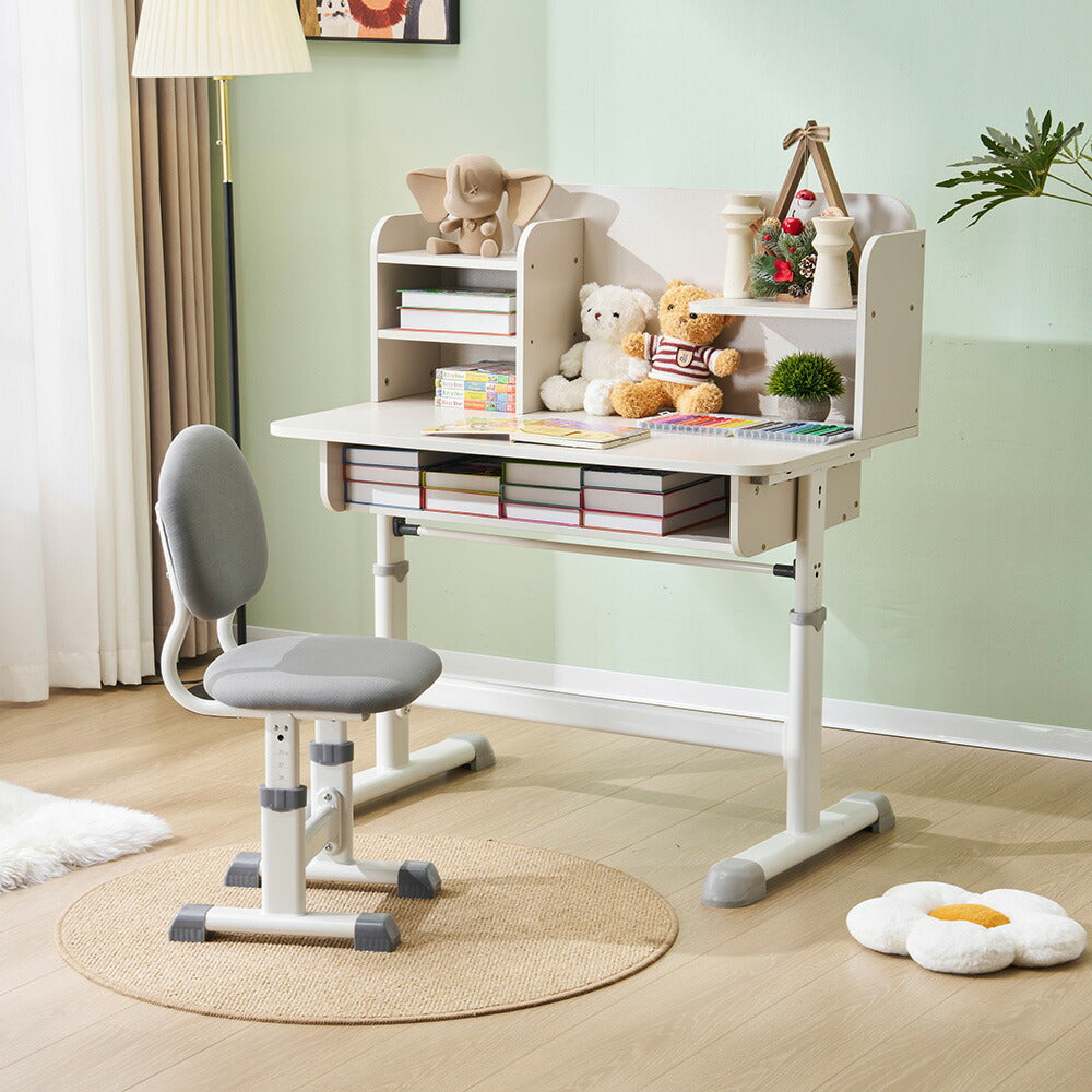 【デスク&チェアセット】収納付き デスク 勉強デスク 昇降式 学習机 作業デスク 学習机 省スペース 棚付き コンセント付き おしゃれ 高さ調整 書斎机 ワークデスク 多機能デスク シェルフデスク 子供部屋 学生用 大人用 ホワイト 書斎 子供 小学生