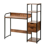 パソコンデスク ダークブラウン 収納ラック付きデスク 引き出し付き 3段シェルフ付 パソコンデスク 木製 収納付 座デスク 机 おしゃれ ワークデスク 引き出し付き シェルフ付きデスク 書斎デスク 学習机 勉強机