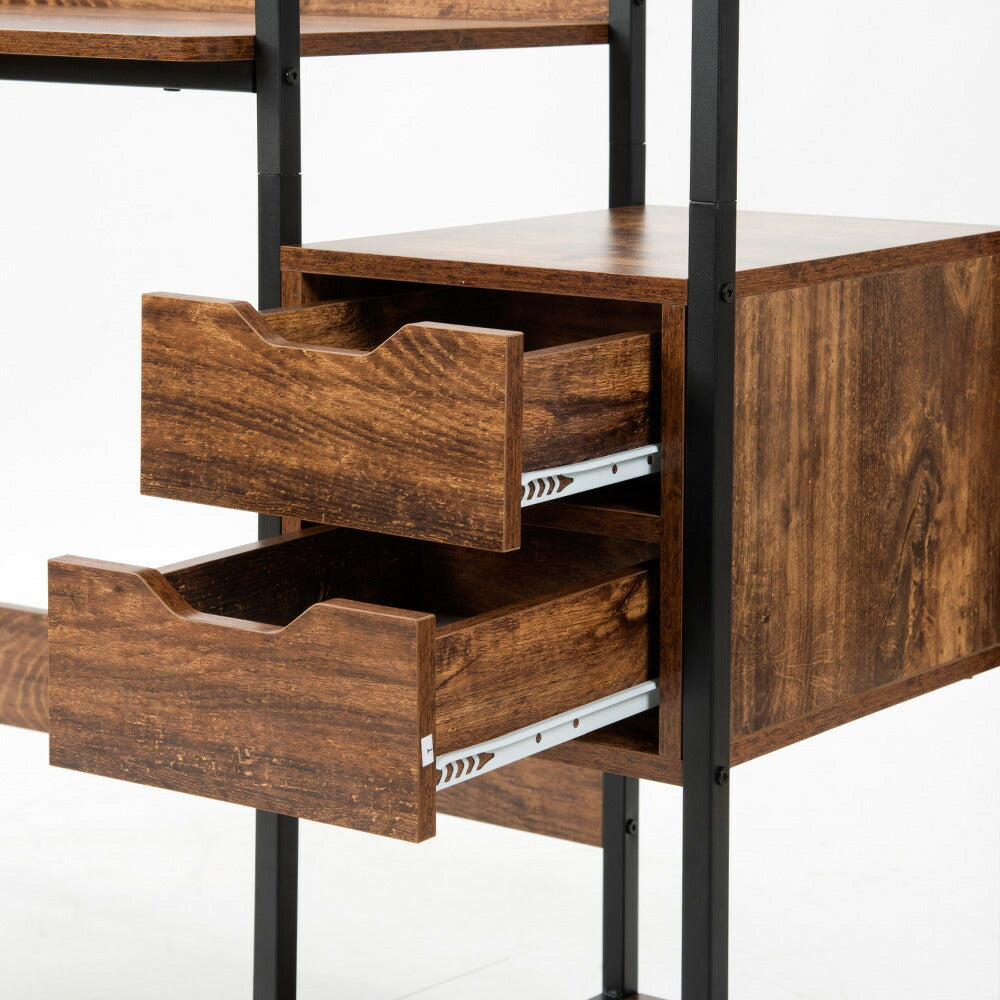 パソコンデスク ダークブラウン 収納ラック付きデスク 引き出し付き 3段シェルフ付 パソコンデスク 木製 収納付 座デスク 机 おしゃれ ワークデスク 引き出し付き シェルフ付きデスク 書斎デスク 学習机 勉強机