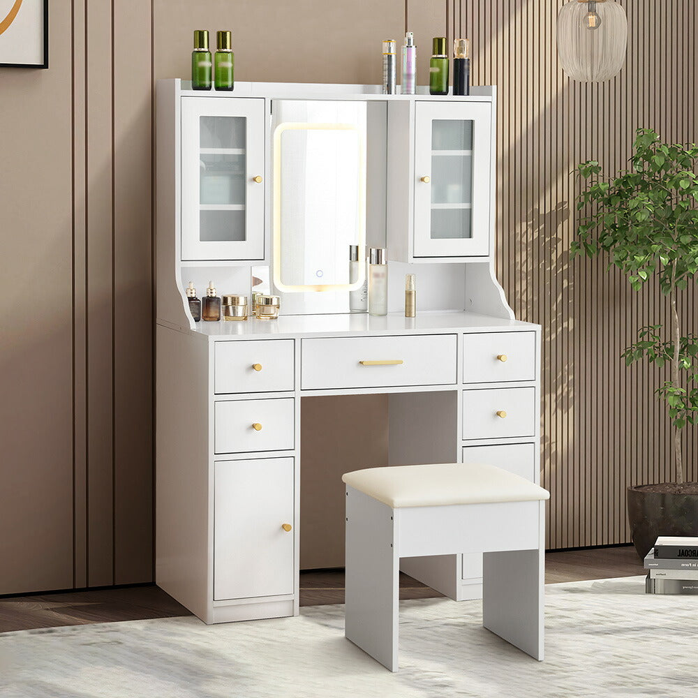 ドレッサー 鏡台 化粧台 テーブル ドレッサーテーブル 化粧テーブル 化粧品収納 卓上 メイク台 鏡 ミラー コンセント付き ライト付き 3色LED 女優ミラー 引き出し 収納 椅子 スツール付き セット サイド収納 メイク台 シンプル 幅90CM 大容量 高級感 可愛い