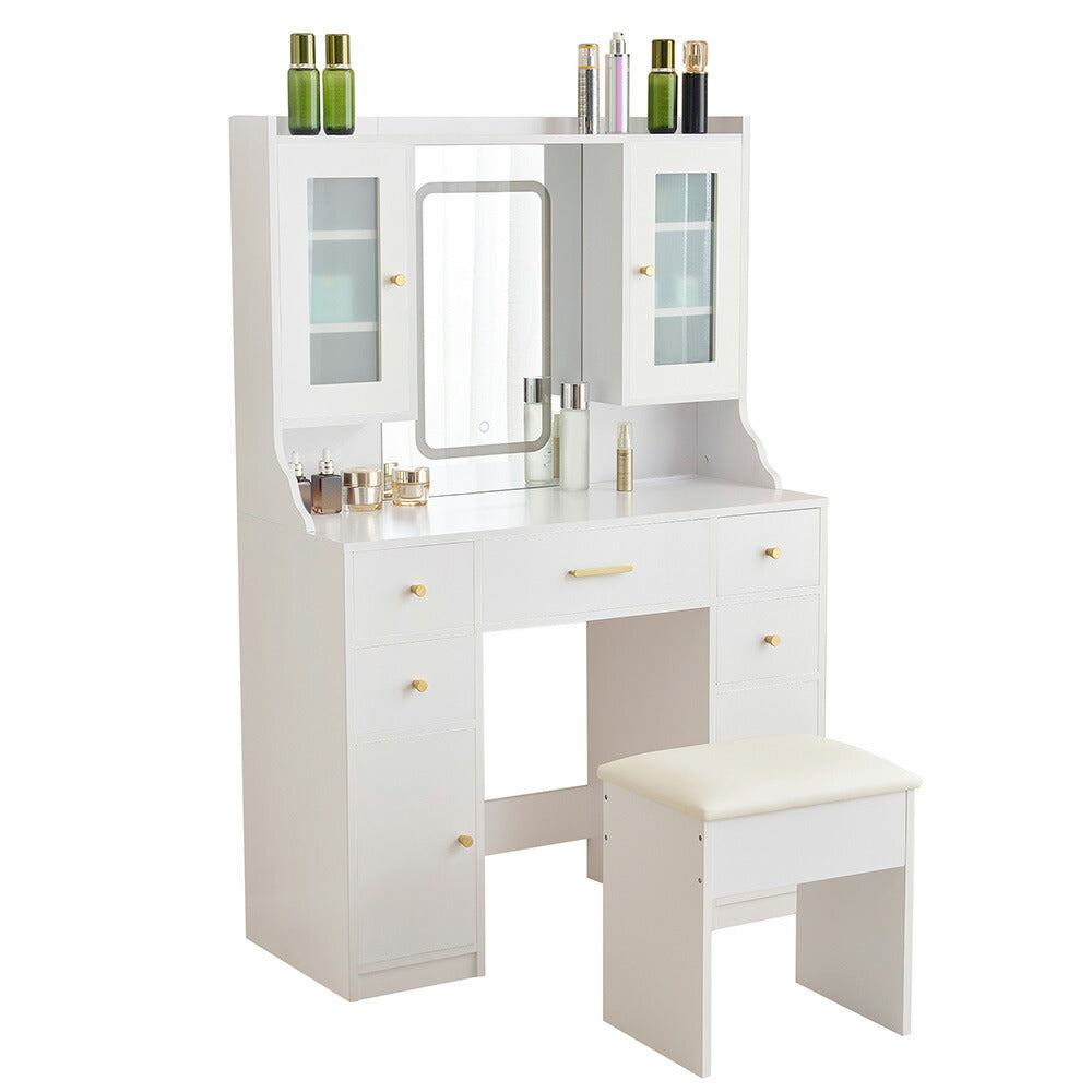 ドレッサー 鏡台 化粧台 テーブル ドレッサーテーブル 化粧テーブル 化粧品収納 卓上 メイク台 鏡 ミラー コンセント付き ライト付き 3色LED 女優ミラー 引き出し 収納 椅子 スツール付き セット サイド収納 メイク台 シンプル 幅90CM 大容量 高級感 可愛い