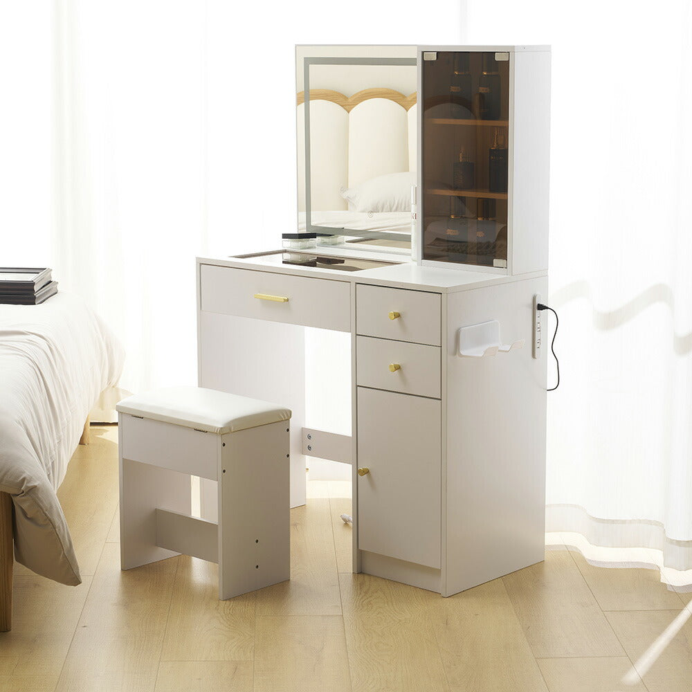 ドレッサー 化粧台 テーブル 鏡台 ライト付き 3色LED ドライヤーホルダー コンセント付き 女優ミラー 引き出し 収納 椅子 スツール付き セット サイド収納 メイク台 木製 幅80cm 白 ホワイト 高級感 おしゃれ シンプル プレゼント 大容量 可愛い